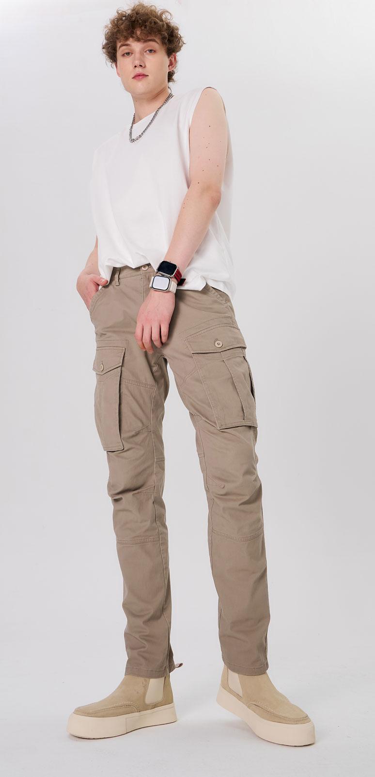 Plaid&Plain Men's Cargo Pants Slim Fit with Articulated Knees C804