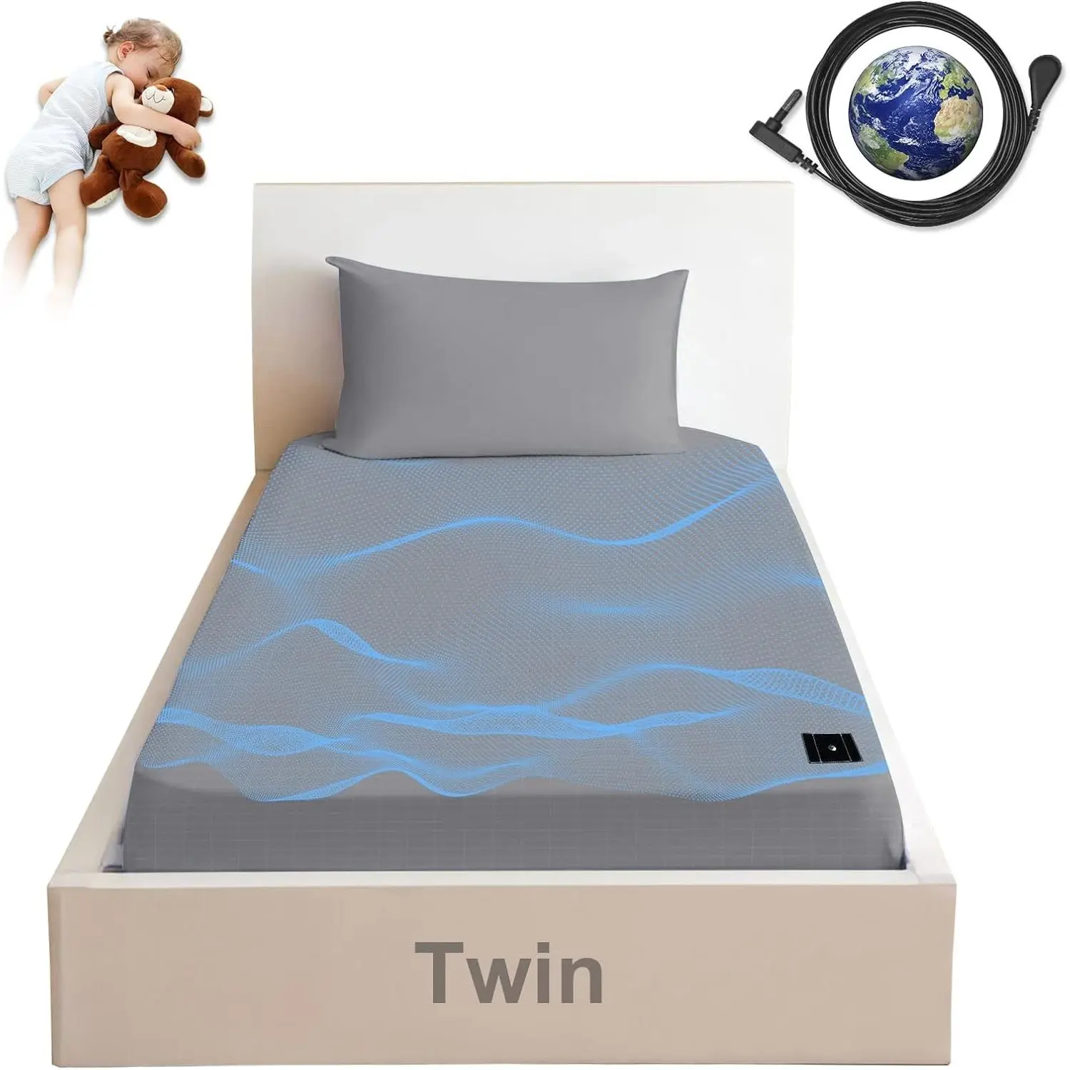 Twin Fitted Grounding Sheet with Grounding Cord for Better Sleep, 90% Organic Cotton 10% Pure Silver, Earth Connected Bed Sheet, Gray, 39 x 75 x 15 Inch
