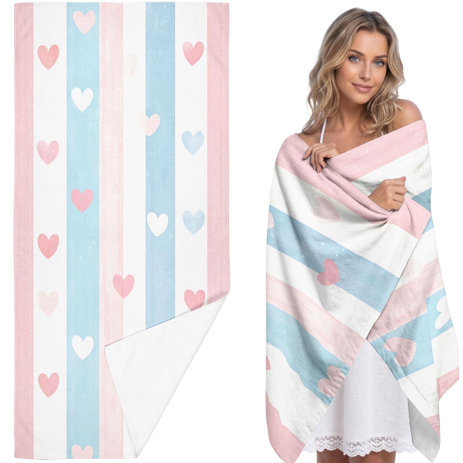 1pc Blue Striped Heart Print Beach Towel, Quick-Dry Sand-Free Ultra-Fine Fiber Bath Towel, Cute Heart Pattern Absorbent Towel