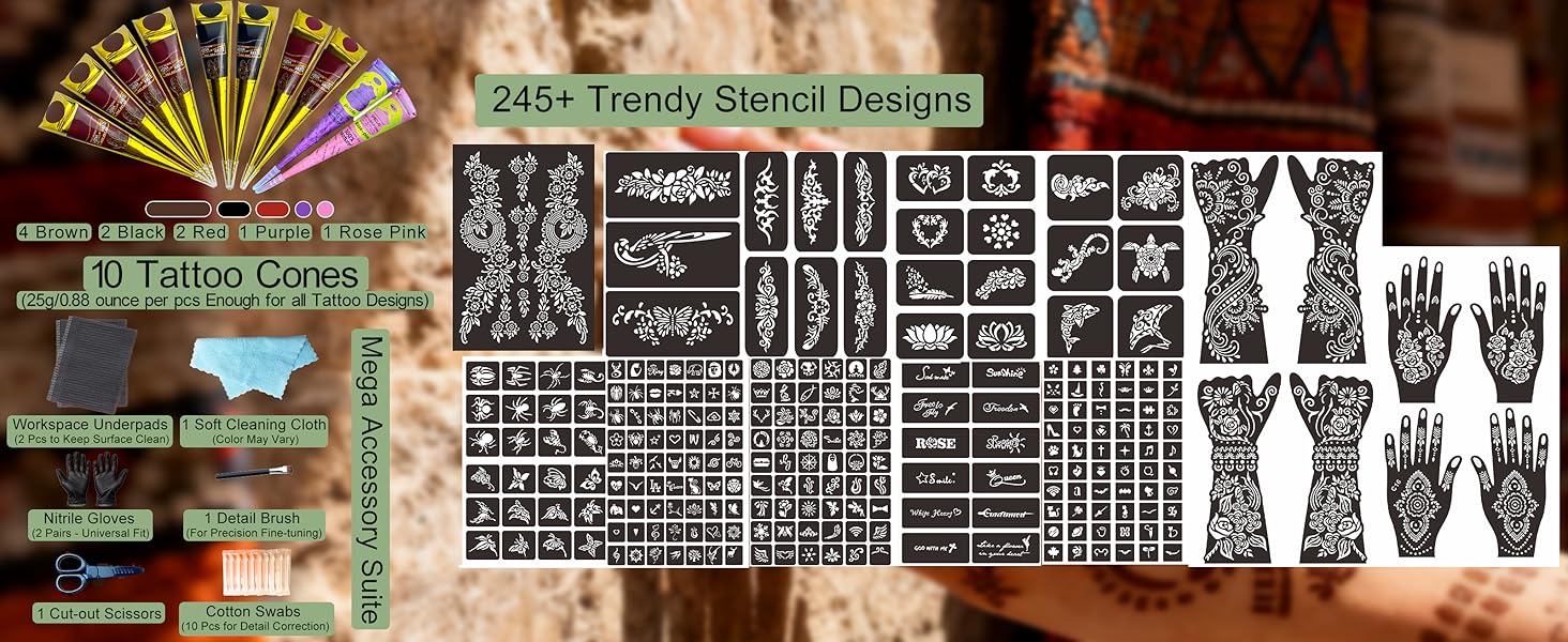 191 Pcs Temporary Tattoo Stencils Kit with 6 Tattoo Cones (2 Black, 2 Brown, 2 Dark Red), White Tattoo Outline Pen, Cotton Swabs & Towel| Perfect for Adults, Teens, Beginners, Family Fun & Parties