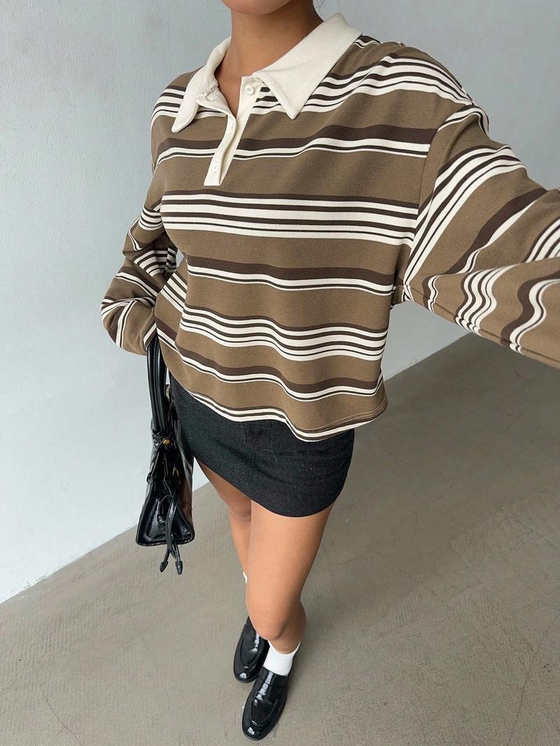 Striped Lapel Long Sleeve Top, American Casual Style, Loose Fit + Lapel Design, Perfect for Daily Commute Wear