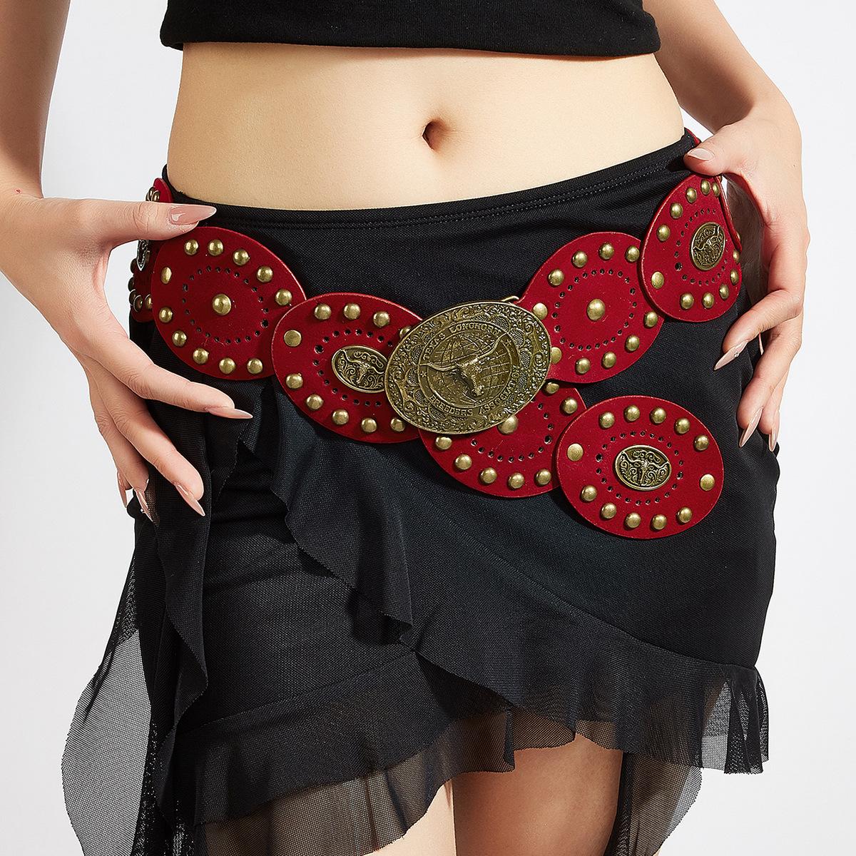 Western Style Concho Belt - Retro Cowboy Oval Cutout Waist Cincher with Bronze Studs, Vintage Decorative Belt for Women,Graduation Gifts