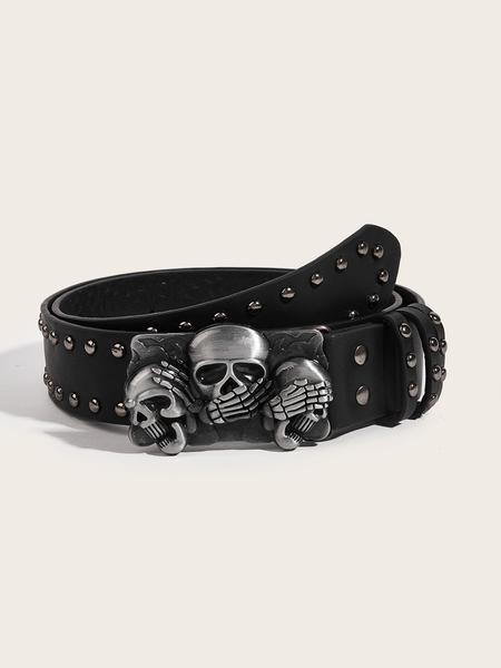 Mens Belt Leather Skull Buckle Belt Waist Band Jeans Decorative Punk Belt Black Studded Belts for Women Y2k Skull Belts