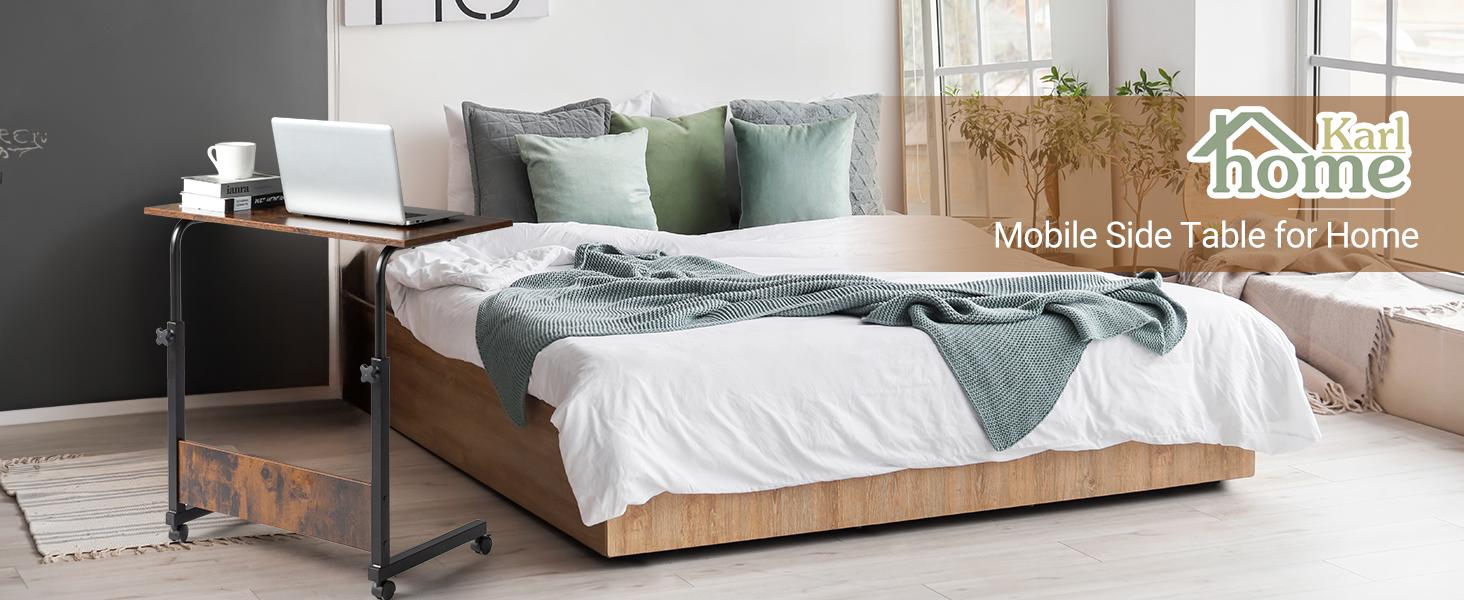 FCH Removable Chipboard & Steel Side Table with Rustic Brown Adjustable Work Table, Rolling Desk Laptop Computer Cart for Home, Bedroom, Office, Classroom