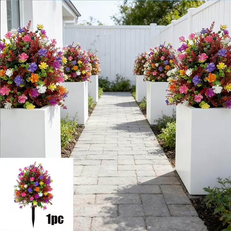 Summer Artificial Colorful Camellia Bouquet with Stake, Outdoor Festival Decor, Garden and Lawn Placement, Spring/summer, Outdoor Fake Flowers