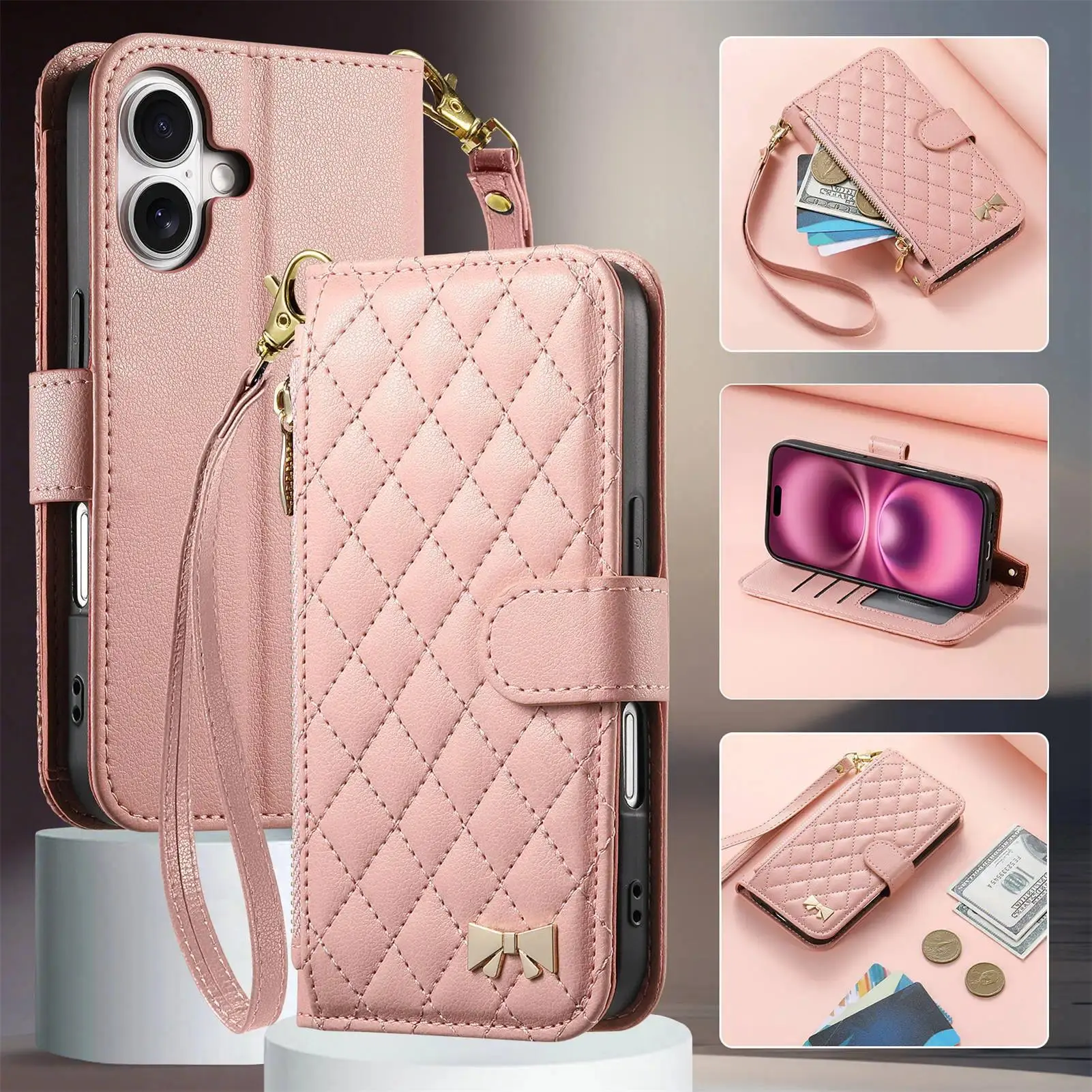 Ling Grid Pattern Leather Flip Case For OPPO A6 Pro A6C A6X A6T A6S A5 A5X A3 A3X A1 A1X Crossbody Leather 3 Cards Wallet Cover