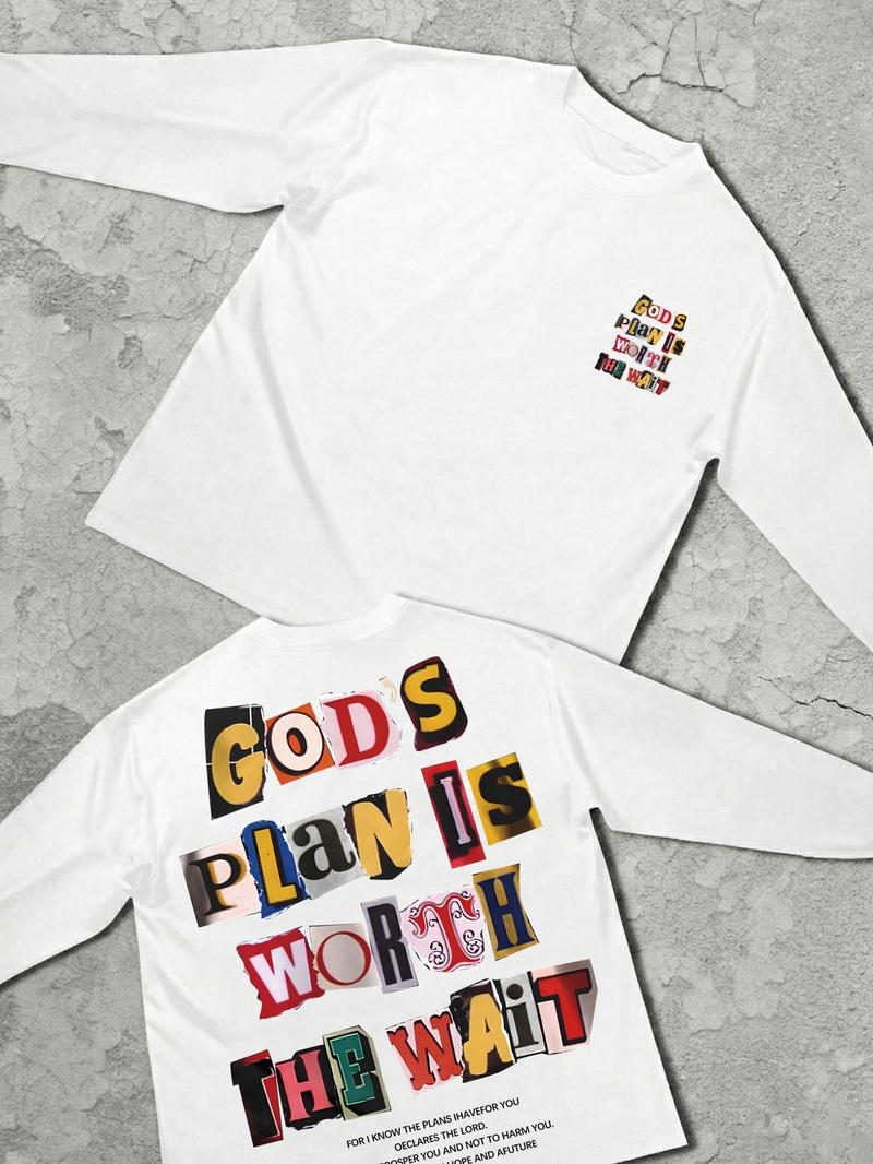 Unisex Letter Print Long Sleeve T-Shirt, Casual Fashion Comfortable Simple Design, Fitted Pure Color Tee for All Seasons