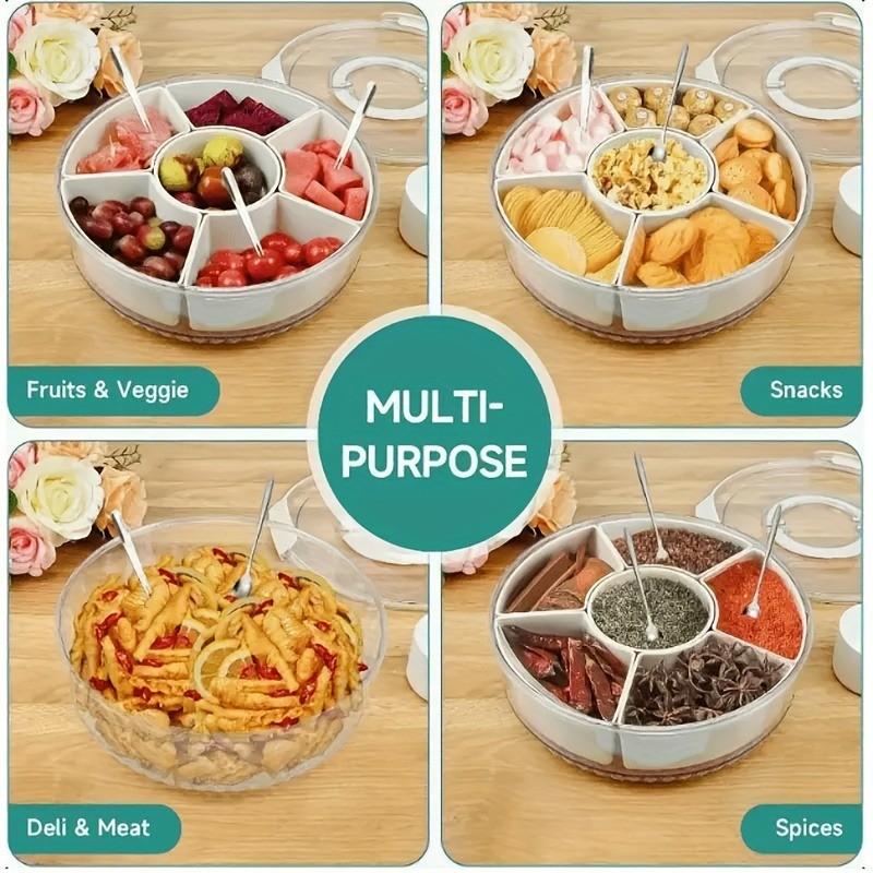1PC - Divided Dinner Plate - with Lid and Handle / Fruit Plate / Suitable for Snacks - Portable Rotating Vegetable Plate - Suitable for Kitchen Parties Travel Picnics - Stackable Snack Box Container / Round Plastic Rotating Snack Tray with Lid