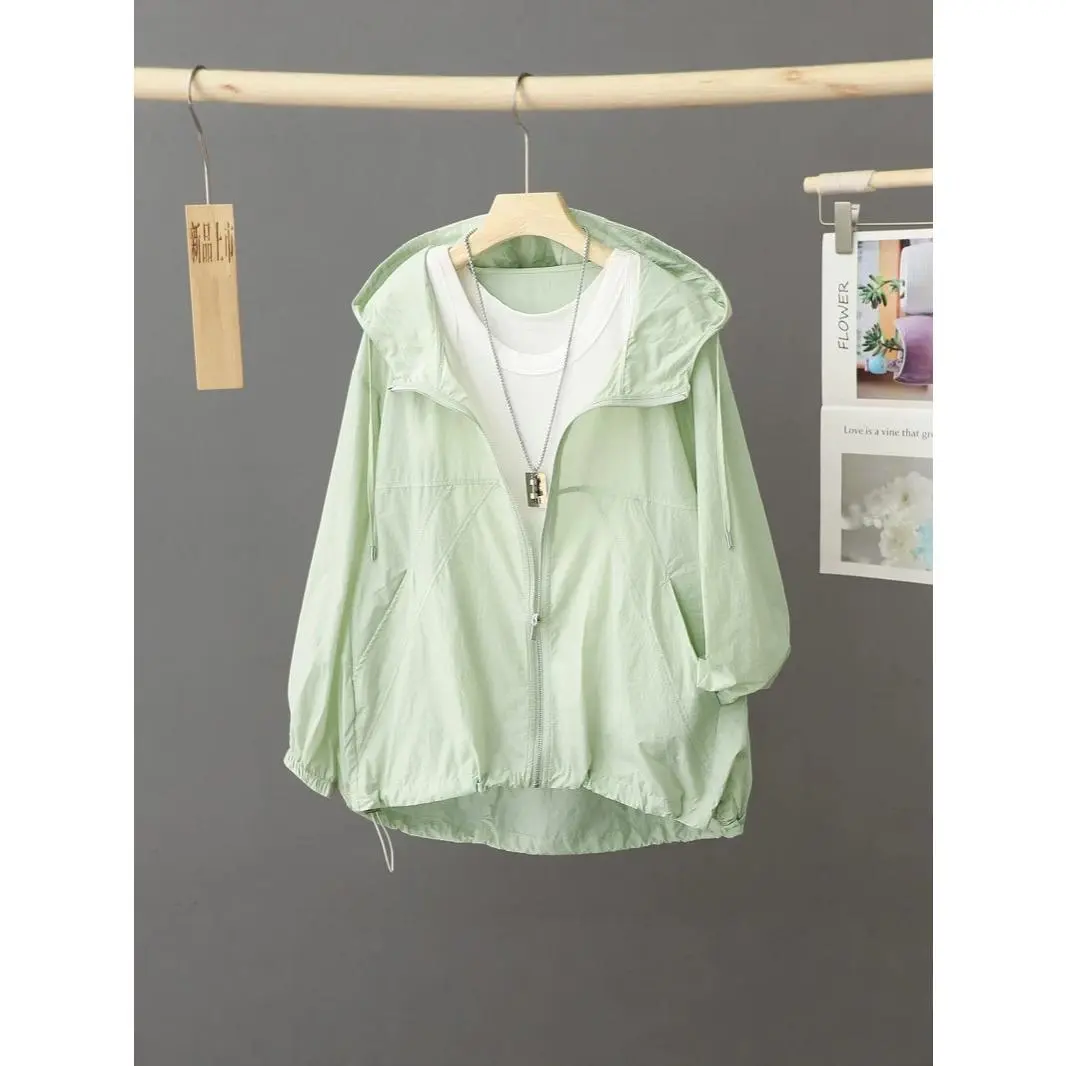 Solid Color Hooded Sun Protection Jacket for Summer Outdoor, Lightweight, Breathable, Loose-Fitting Cardigan, UV-Protective Short Coat