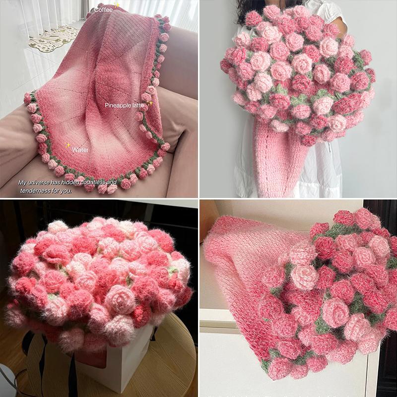 Hand Woven Knitted Tapestry Girls Women Crochet Rose Blanket Flower Bouquet Blanket New Year Birthday Valentine's Day Gifts