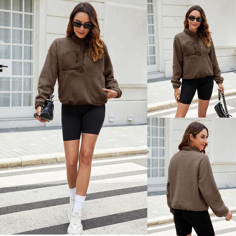 Buenoble Womens Fuzzy Fleece Pullover Sherpa Sweatshirt Long Sleeve Button Down Sweater Winter Fleece Jacket with Pockets