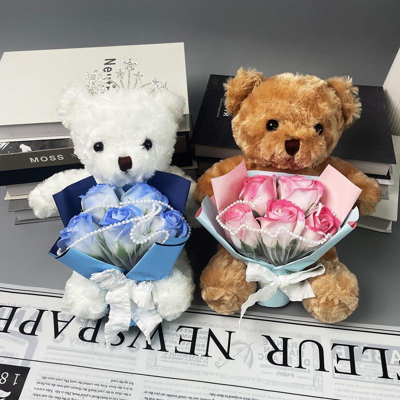 Bear Design Plush Toy with Artificial Flower, 2 Counts Cute Bear Holding Flower Ornament, Desktop Decoration for Home Living Room Bedroom, Gifts