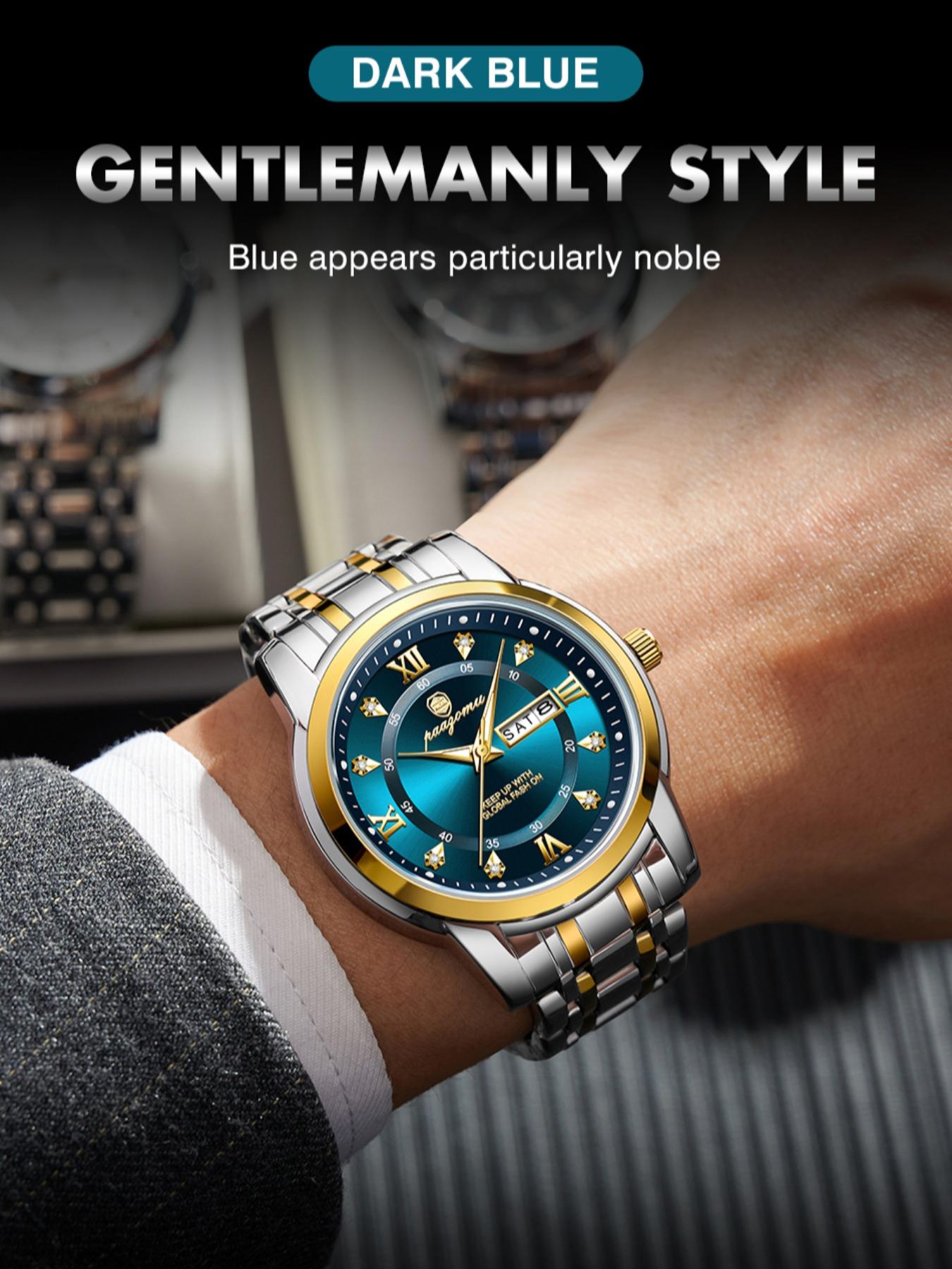 Paazomu Men's Wristwatch, Stainless Steel Waterproof Luminous, Casual Quartz Watch with Date and Week Display, Stylish Business Accessory