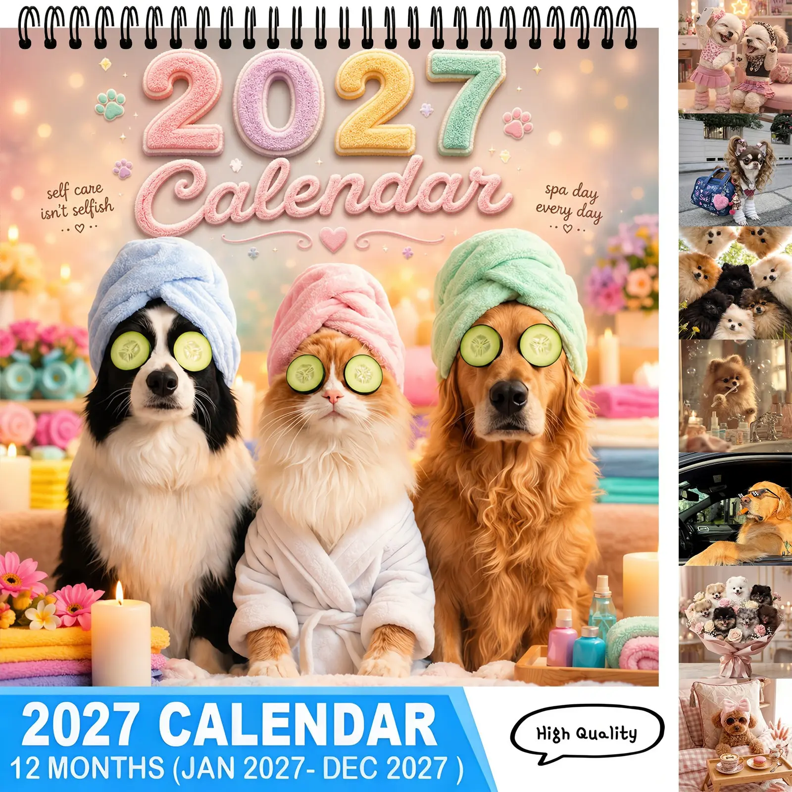 2027 Wall Calendar, 12 Months Jan‑Dec Adorable Spa‑Day Cats & Dogs Illustrations Calendar, Soft Pastel Aesthetic Home & Office Decoration, Creative Holiday Gift for Cat & Dog Owners