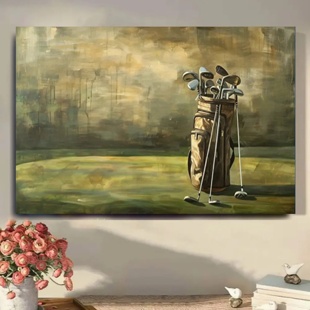 Framed Modern Vintage Golf Canvas • 1pc Golf Clubs Painting • Horizontal Landscape Wall Decor for Living Room, Office, Man Cave • Athletic Home Decoration Gift for Golfers