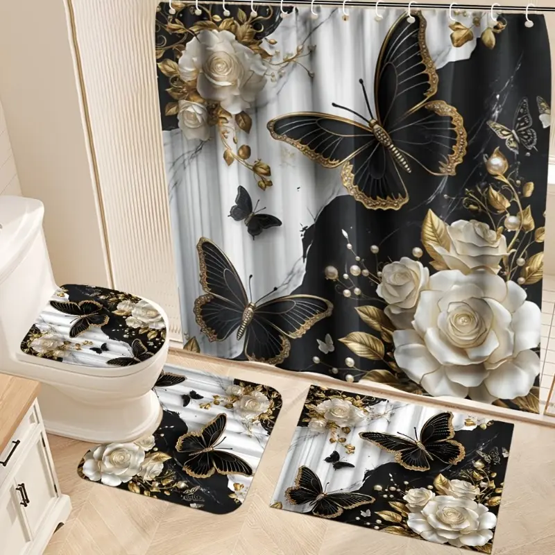 4pcs Black & Gold Butterfly Shower Curtain Set – Includes Shower Curtain, Non-Slip Mat, Toilet Lid Cover & 12 Hooks, 72x72in, Modern Bathroom Decor