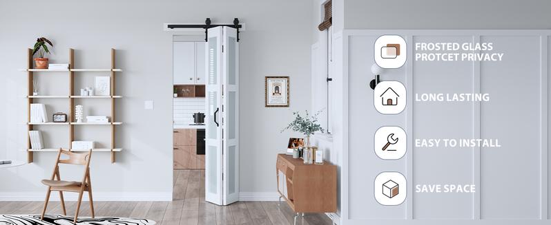 Easelife White Bi-Fold Barn Door with Frosted Glass – Modern Folding Interior Door, Exterior Mount with Hardware Kit Wardrobes Bathrooms
