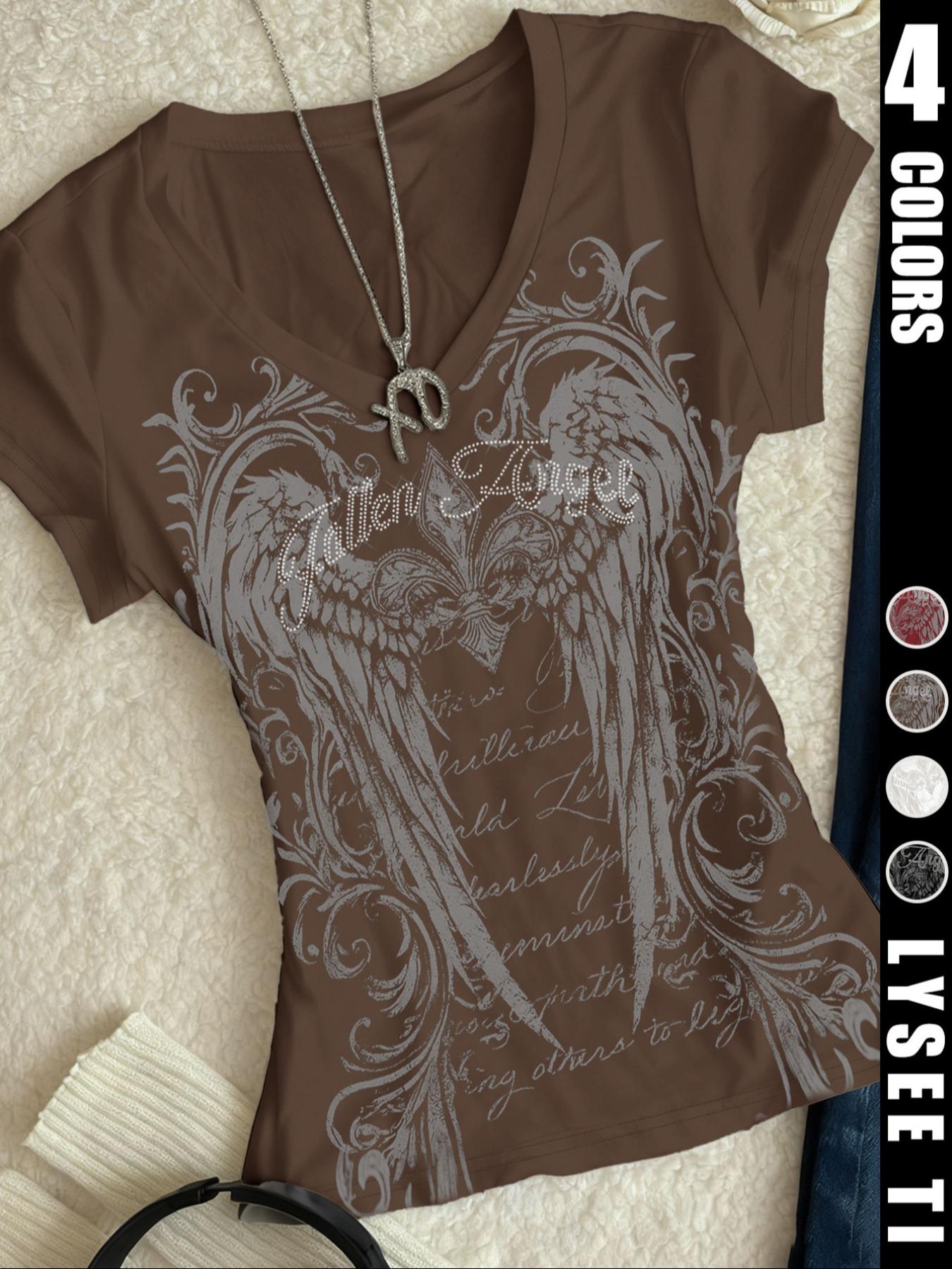 Women's V Neck Short Sleeve T-Shirt, Fashionable Fitted Design Print, Perfect for All Seasons, Ideal for Casual Wear & Daily