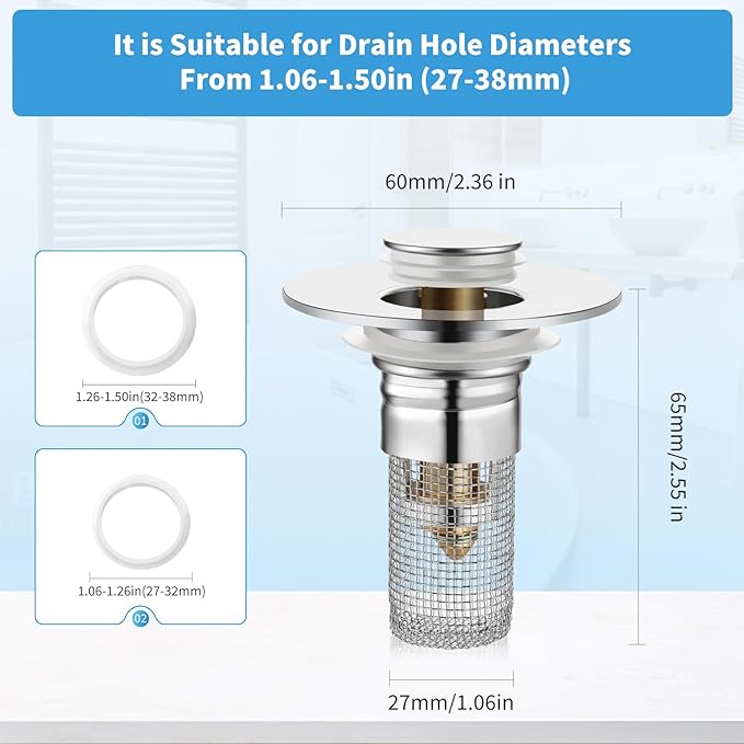 [KKC] Bathroom Sink Stopper Hair Catcher, Universal Pop Up Sink Drain Filter with Stainless Steel Filter Basket, Bathroom Sink Drain Strainer