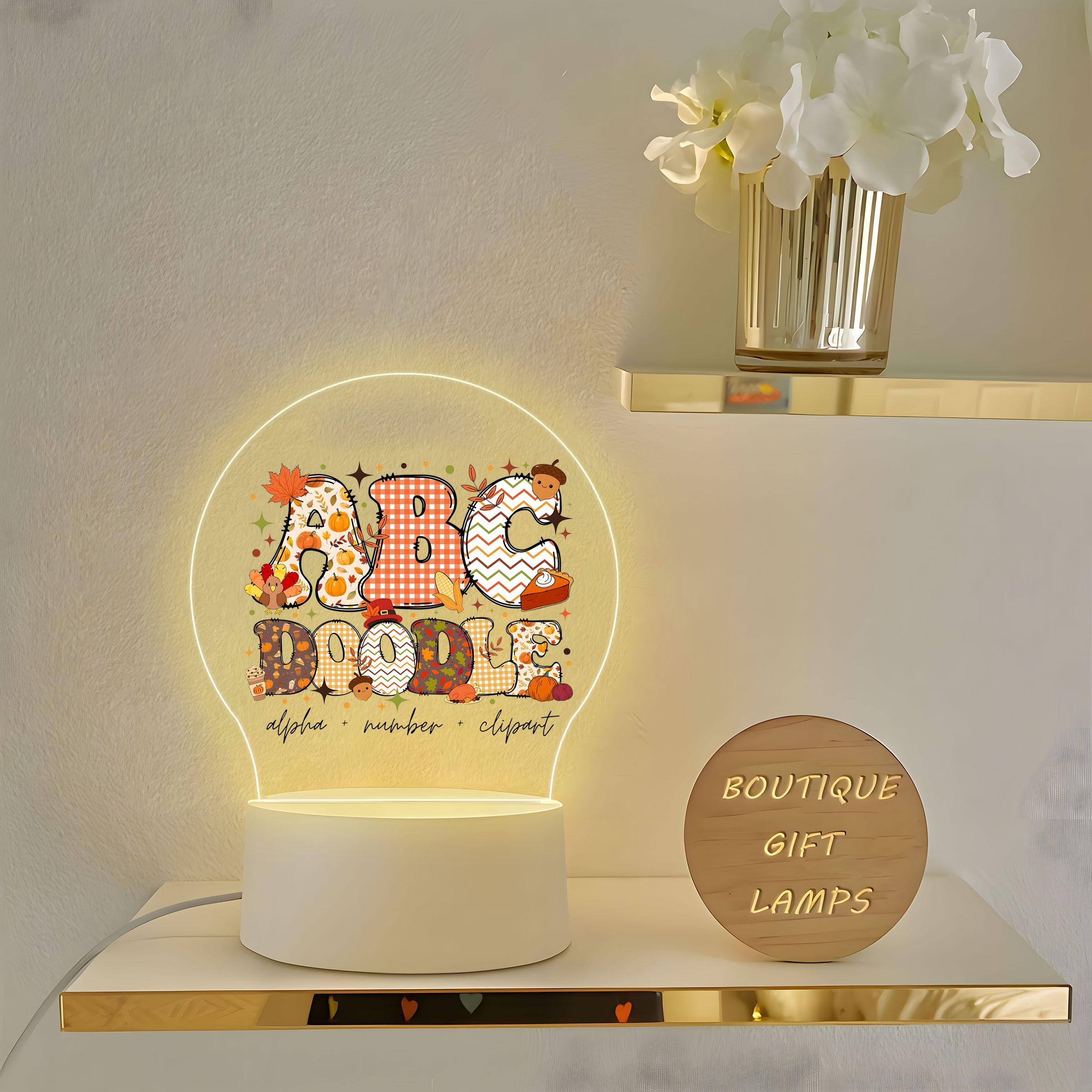 Acrylic Night Light with Thanksgiving Elements, Soft Warm Glow, Cartoon Hand-Drawn Style, Ideal for Kids' Room, Early Education, Gift