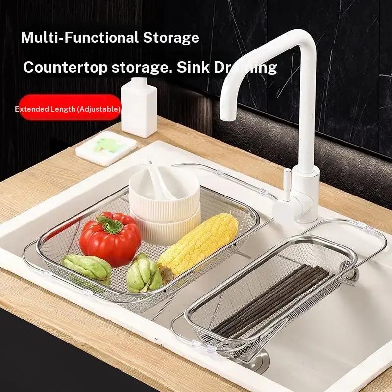 Extendable Stainless Steel Sink Drain Basket, Vegetable Washing Basin Rack, Kitchen Sink Drain Rack, Dishwashing Sink Bowl Rack