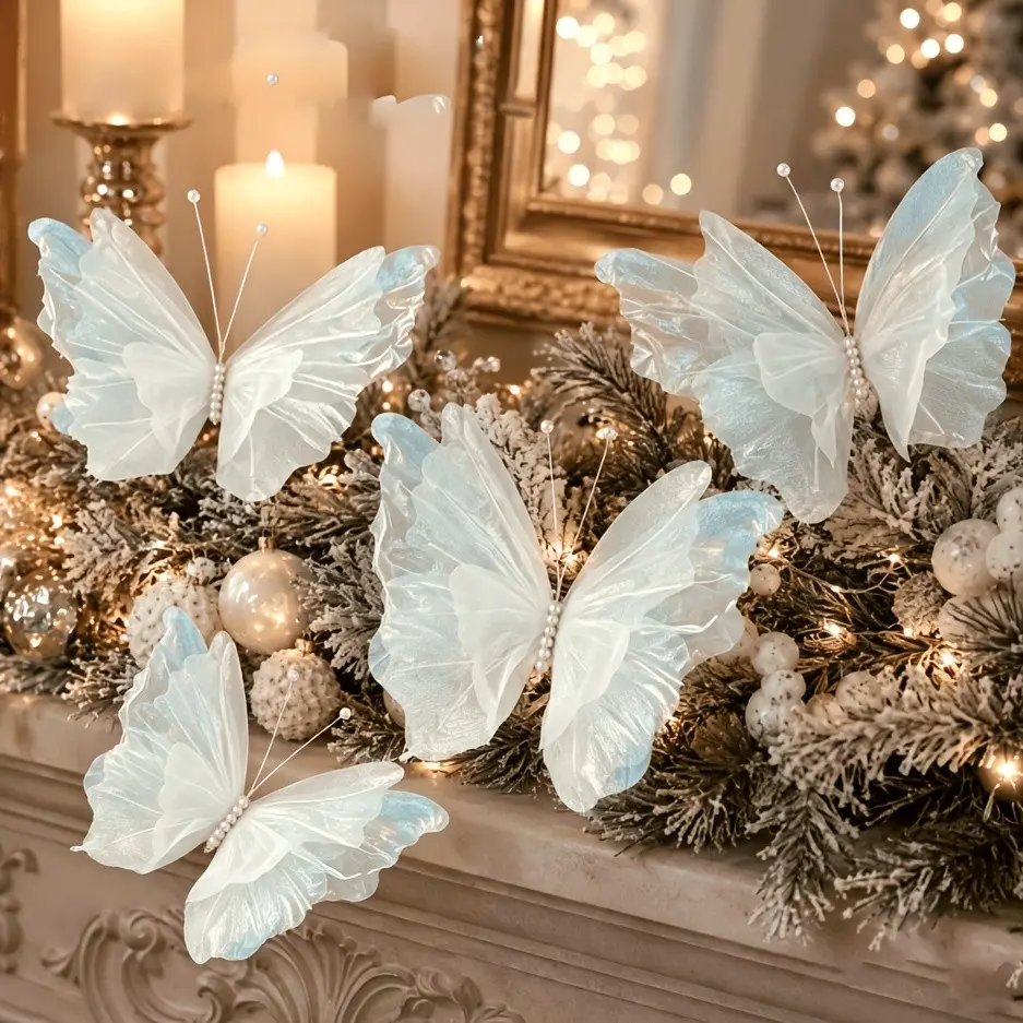 4pcs Large Dreamy Mesh 3D Butterflies, Hanging Butterfly Decorations, Christmas Pearl Butterfly Ornaments, Perfect for Holiday Decor