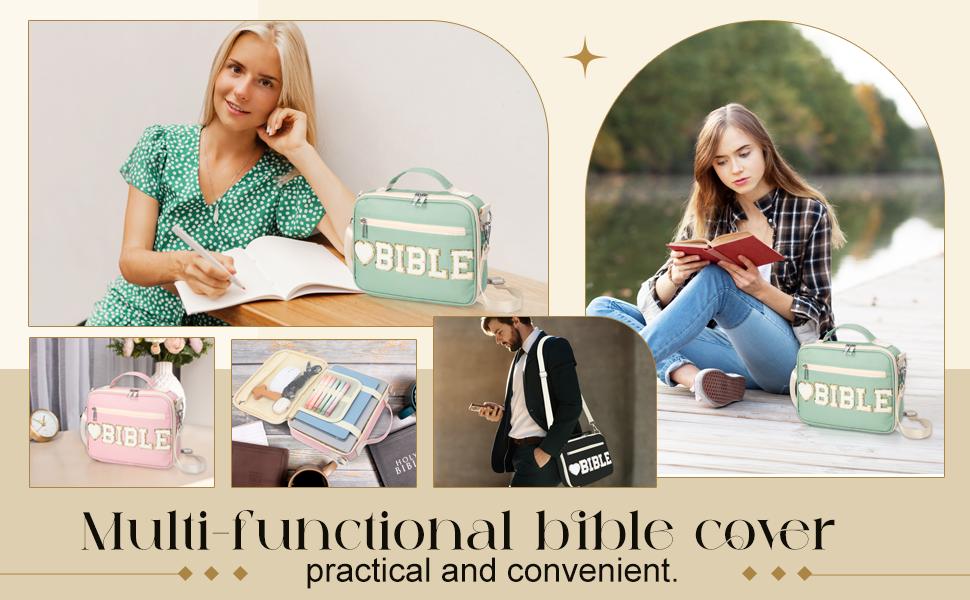 Bible Case for Christian Girl, Cute Bible Case Chenille Letter Bible Cover Case with Shoulder Strap Canvas Tote Carrying Bag Gift for Christian Teenagers Girl Student, Bible Study Supplies, Church Tote Bag, Easter Gift for Christian Daughter