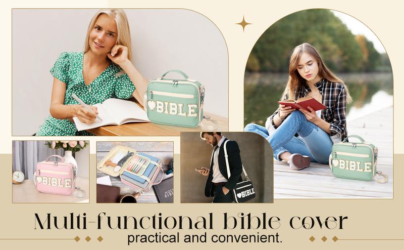 Bible Case for Christian Girl, Cute Bible Case Chenille Letter Bible Cover Case with Shoulder Strap Canvas Tote Carrying Bag Gift for Christian Teenagers Girl Student, Bible Study Supplies, Church Tote Bag, Easter Gift for Christian Daughter