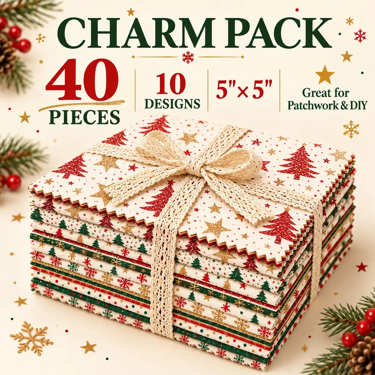 40-Sheet Charm Pack Assortment, Classic Christmas Tree & Golden Star Printed Patterns, Handmade Rich Color Texture Style Elements, 120G Polyester Quilting with 10 Designs, Suitable for Quilting, Craft Projects, Wallet Making, Gifting, Bag Making