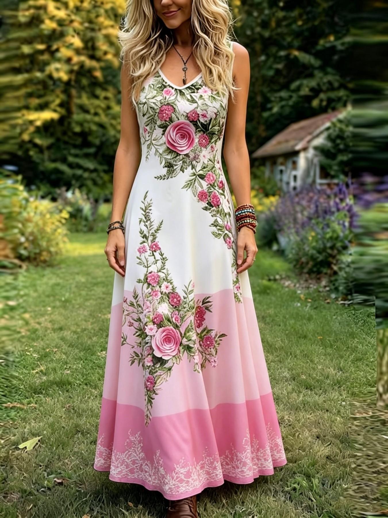Elegant Vintage Floral Print Sleeveless Dress for Plus Size Women, Colorblock Design, Summer, Perfect for Casual & Special Occasions