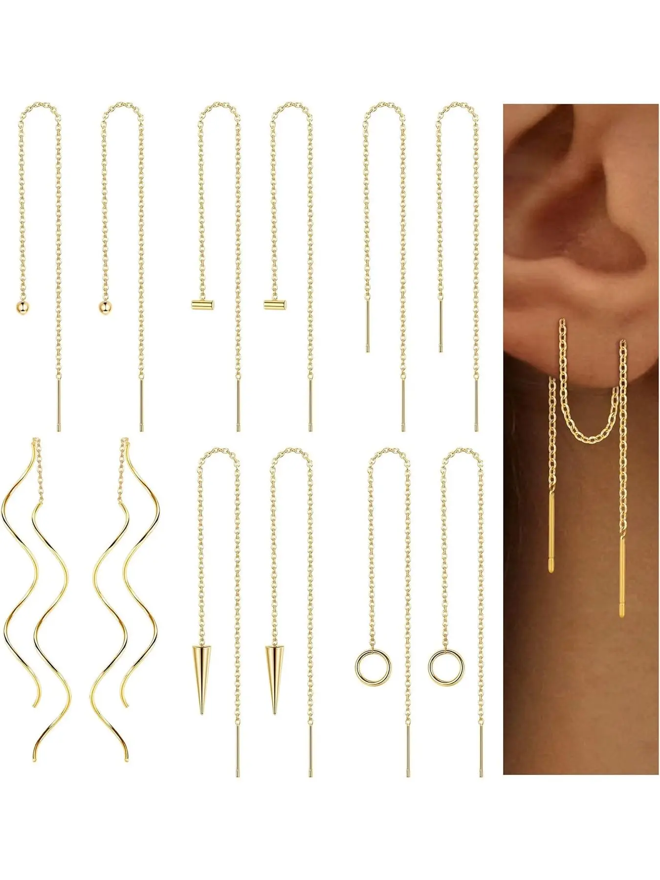 6 Pairs Stainless Steel Chain Tassel Earrings for Women Lightweight Wave Threader Ball Dangle Drop Minimalist Chain Earrings Stack Set