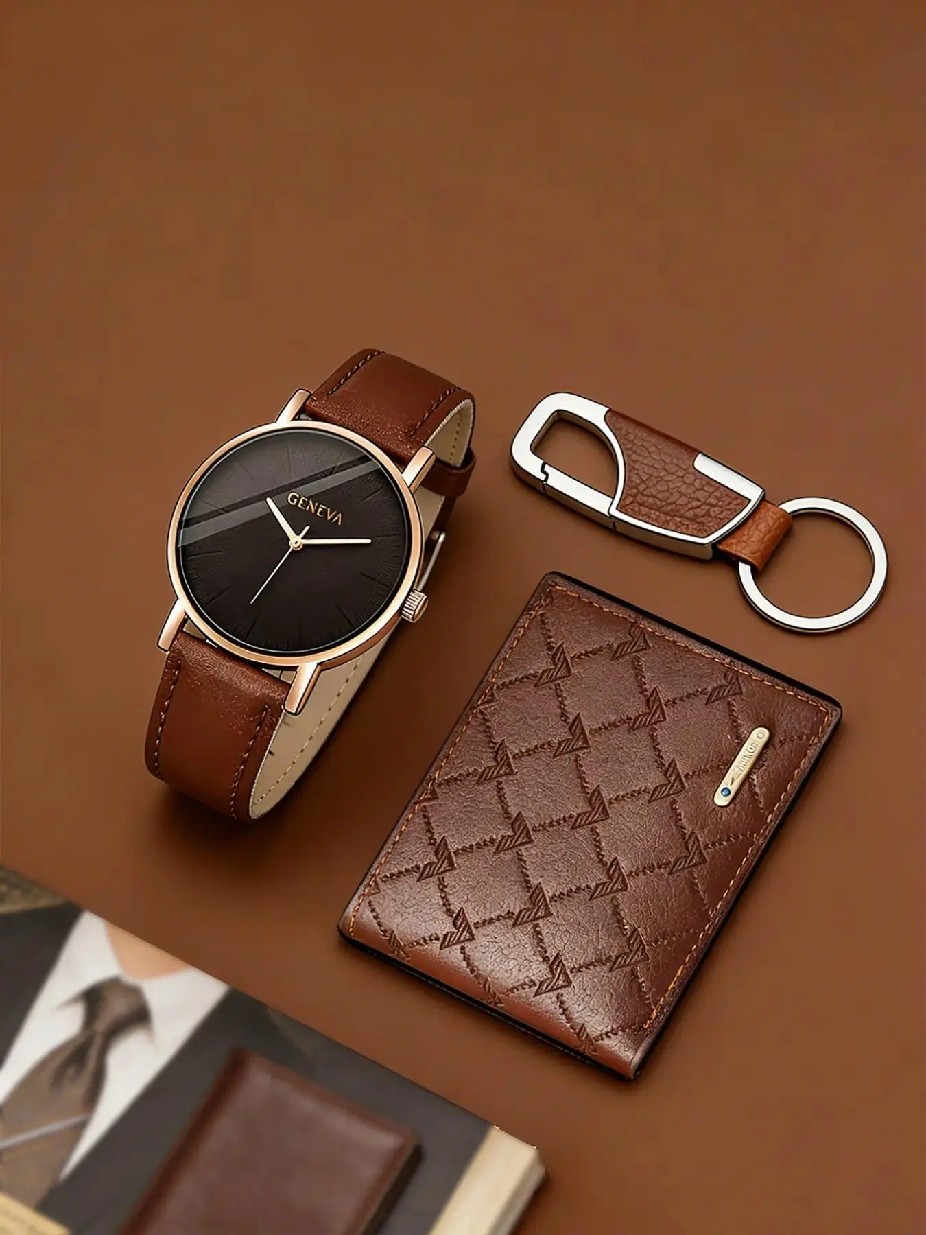 Men's PU Leather Quartz Movement Watch Set with Wallet Keychain, Round Analog Dial with Hardlex Glass, Casual Style, Daily Use, Perfect Gift for Husband