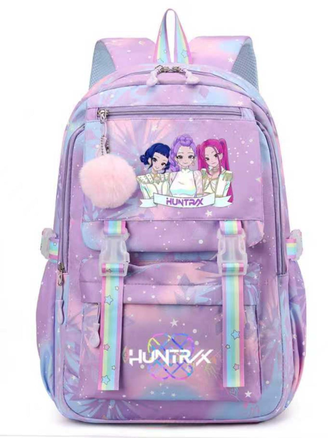 Cute Kpop Hunter Girl Group Cartoon Backpack, Adorable Jk Plaid Sweet Student Bag, Anime Style with Fur Ball, All Seasons