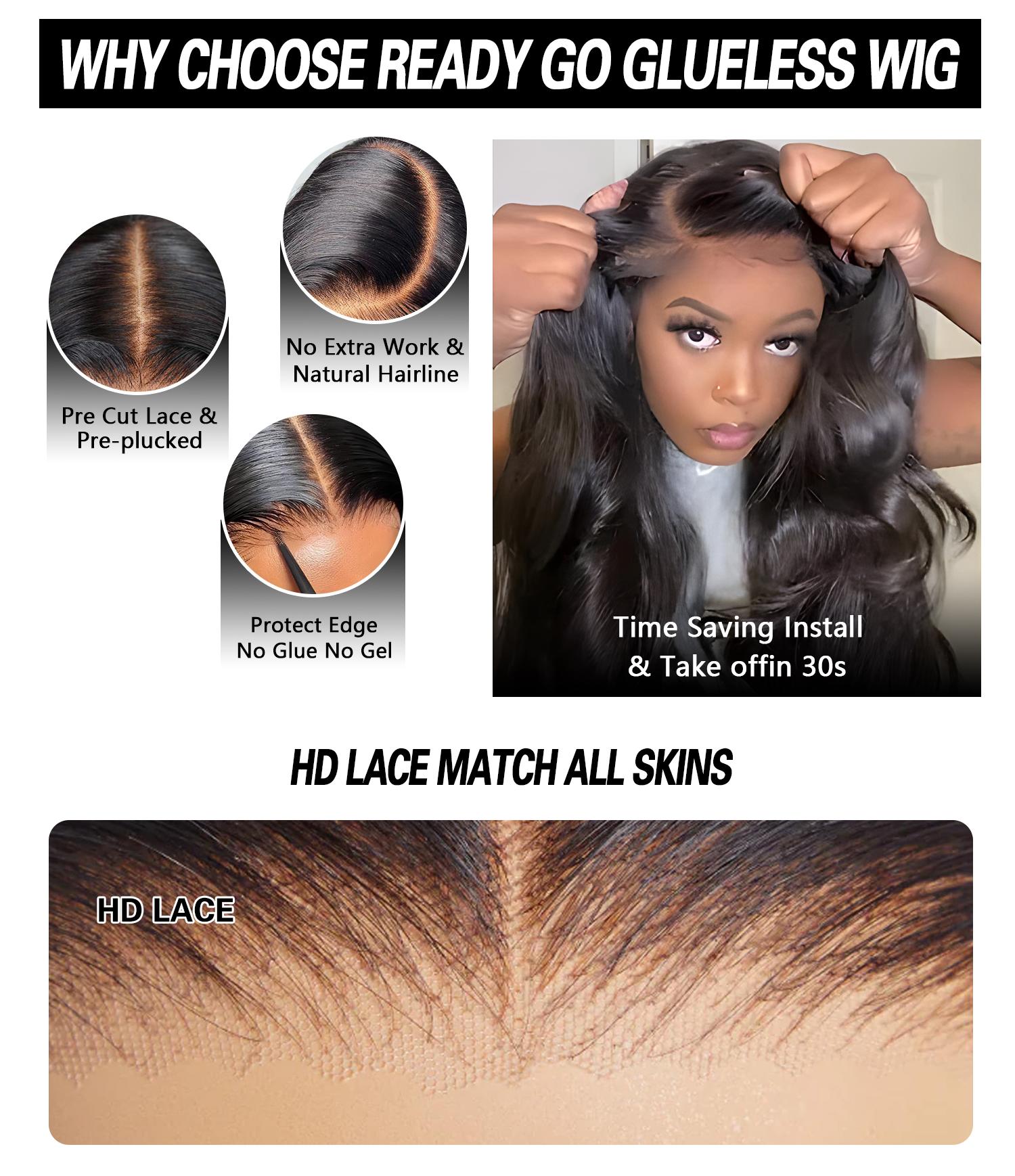 QUANDIAN Pre Cut Lace Ready Go Glueless Wig 7x5 Lace Front Wigs Human Hair Body Wave Wig 200% Density Glueless Wigs Begibber Friendly Springtok
