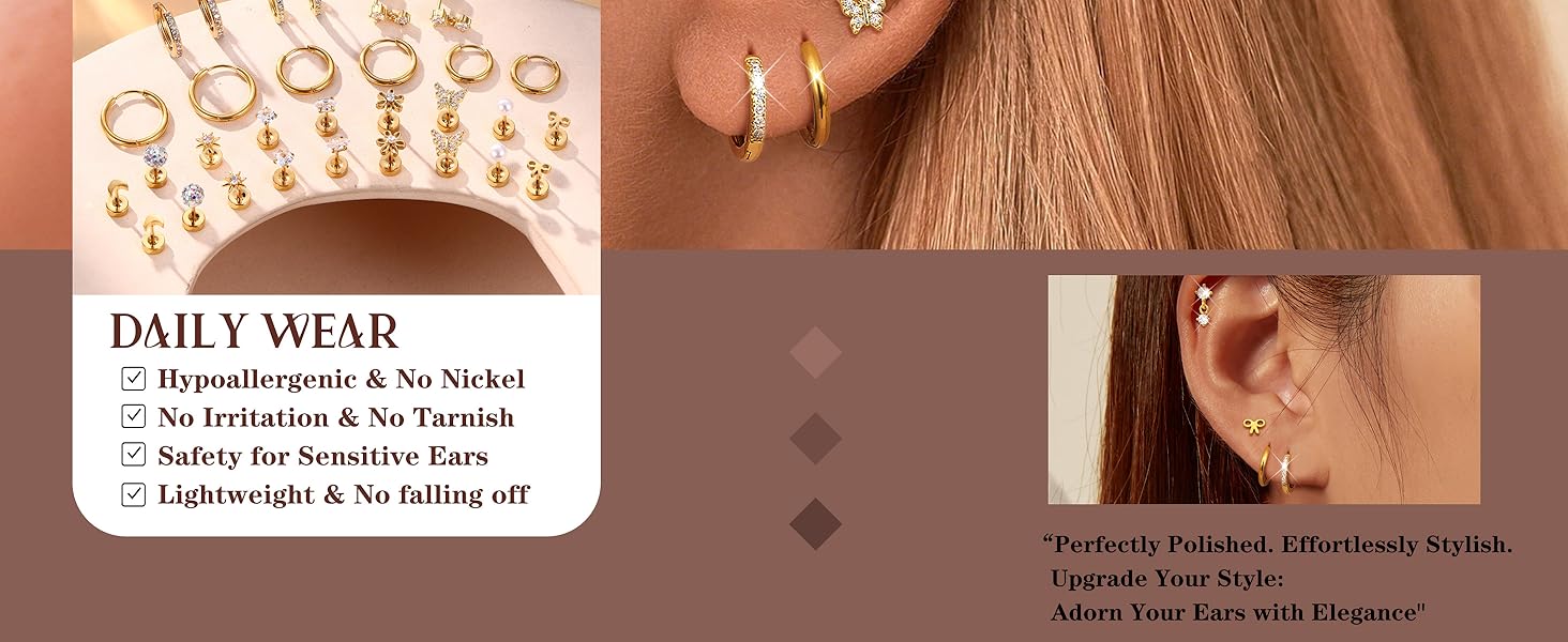 15 Pairs Flat Back Earrings, Hypoallergenic Stainless Steel Stud Hoop Earrings, Casual Jewelry for Women and Girls