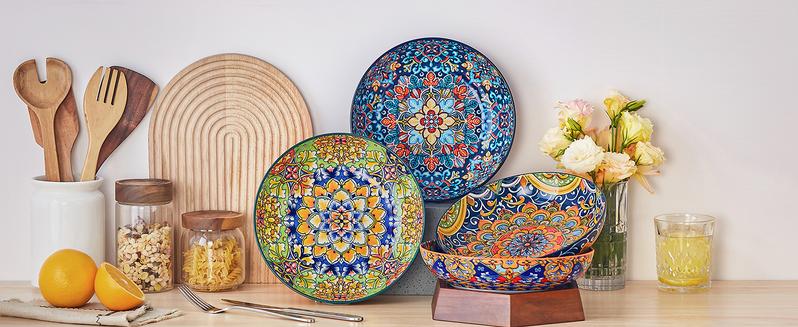 vancasso Pasta Bowls, Ceramic Salad Bowls, Soup Bowls, Pasta Plates, Bohemian Decorative Bowls for Salad, Fruit, Pasta and Dinner, Serving Dishes Set for Party, Dishwasher & Microwave Safe Tableware