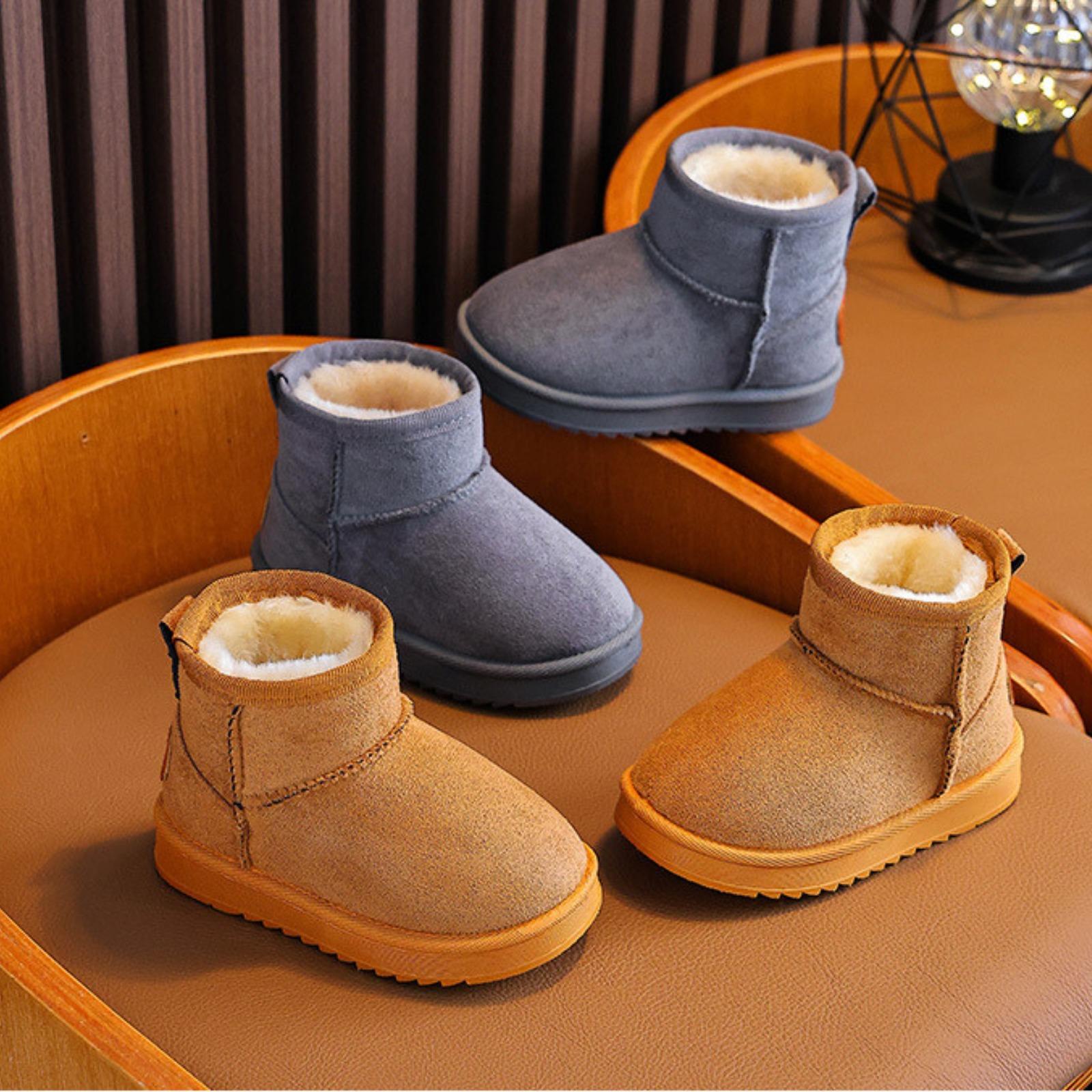 Kids' Cute & Versatile Round Toe Synthetic Snow Booties - Soft, Warm Faux Fur Liner, Non-Slip Flat Ankle Boots for Casual Daily Wear, Birthday, Holiday (Khaki, Black, Gray)