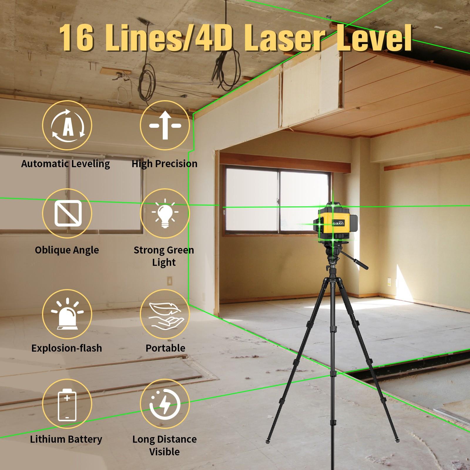 GZG 4D 16 Lines Laser Level, Auto-leveling Laser, Automatic Laser Level, Self-Leveling 360 Laser Level with Remote Control, Professional Laser Level Tool
