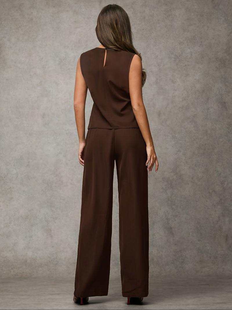 Women's Solid Color Tie Front Tank Top & Pants Set without Bag, Elegant Fashion Casual Two-piece Set for Daily Outdoor Wear, Women Clothes for Summer