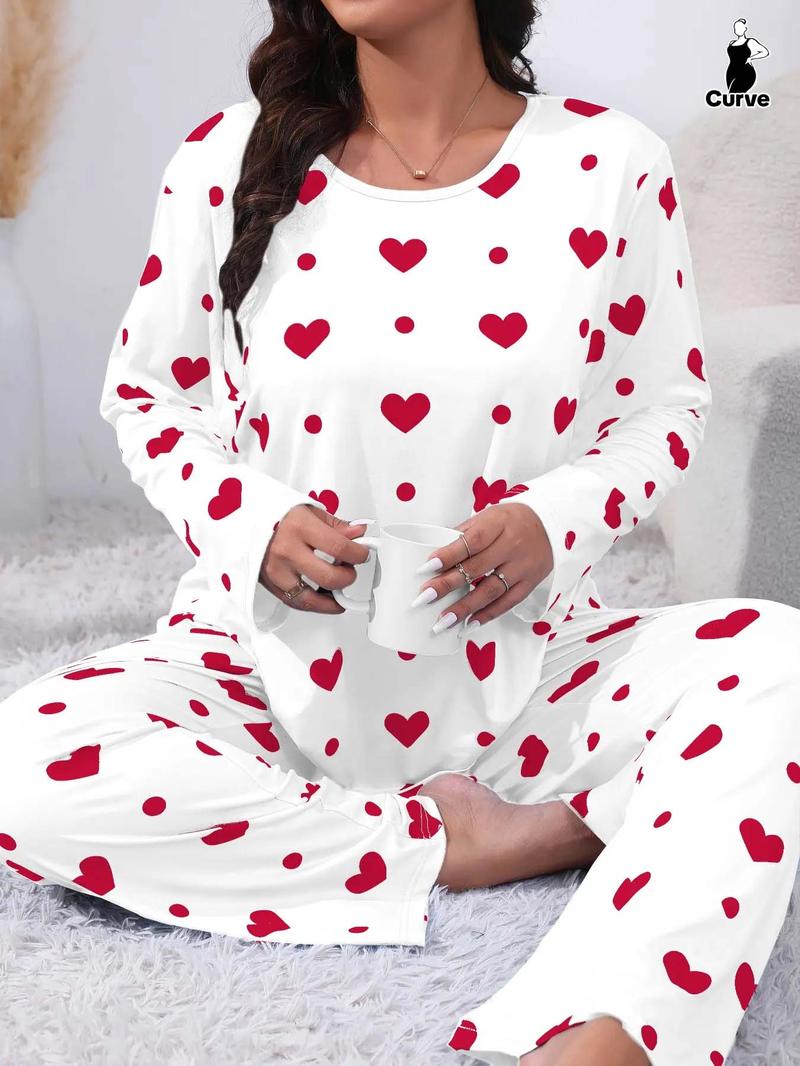 Plus Size Heart Print Drop Shoulder Pyjama Set, Casual Comfy Long Sleeve Round Neck Top & Trousers PJ Set, Pajamas, Summer Outfits 2024, Women's Sleepwear for Spring & Fall