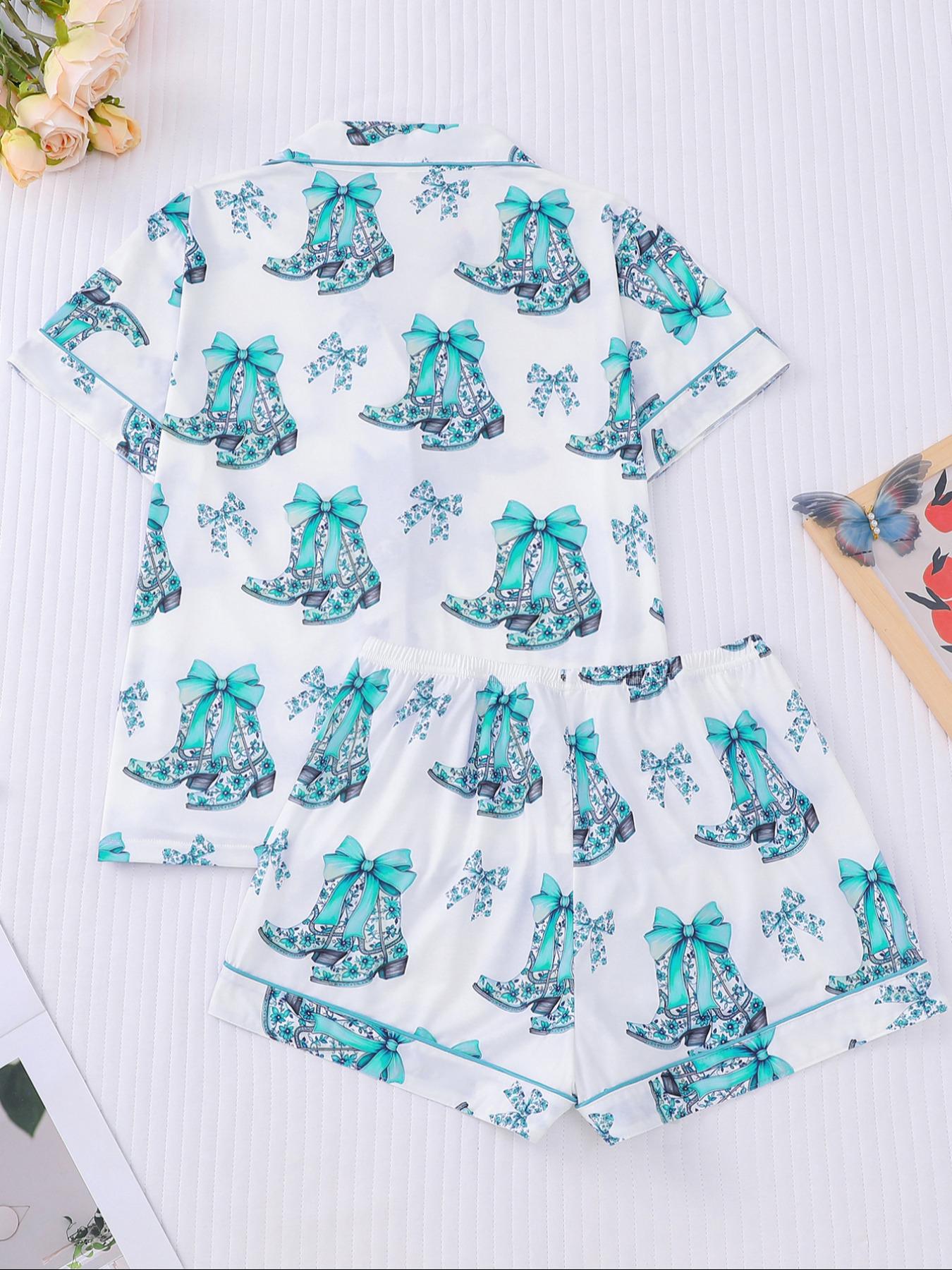 Women's All Over Print Button Front Shirt & Elastic Waist Shorts Pyjama Two-piece Set, Casual Comfy Short Sleeve Top & Shorts PJ Set, Ladies Sleepwear for All Seasons, Cute Pajama Sets