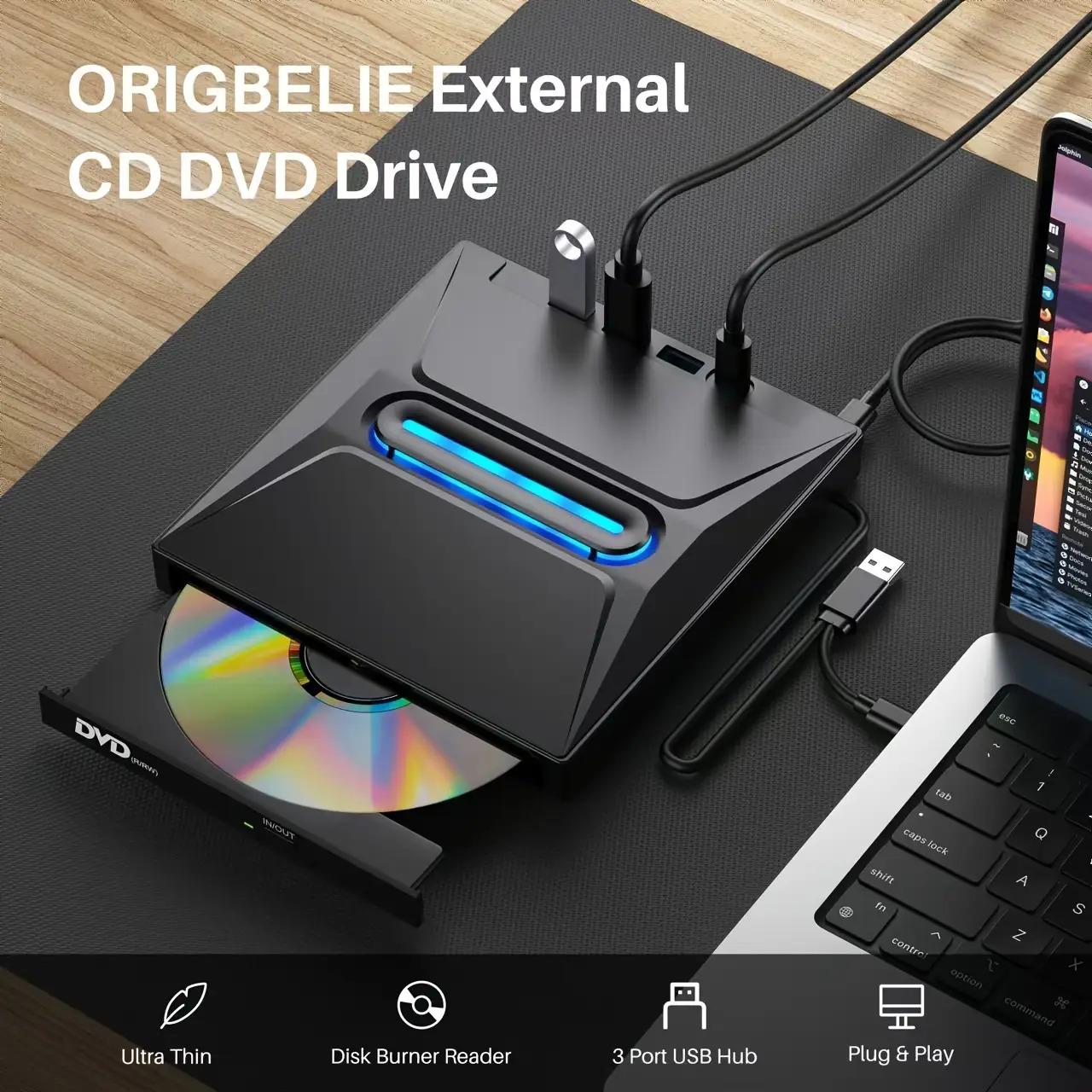 Upgraded Portable External CD DVD Drive, USB-Powered Type-C& USB 3.0 Multi-Function DVD+/-RW Writer/Burner with SD Card Reader, 3-Port USB Hub, Plug& Play for Windows, Linux, Apple OS