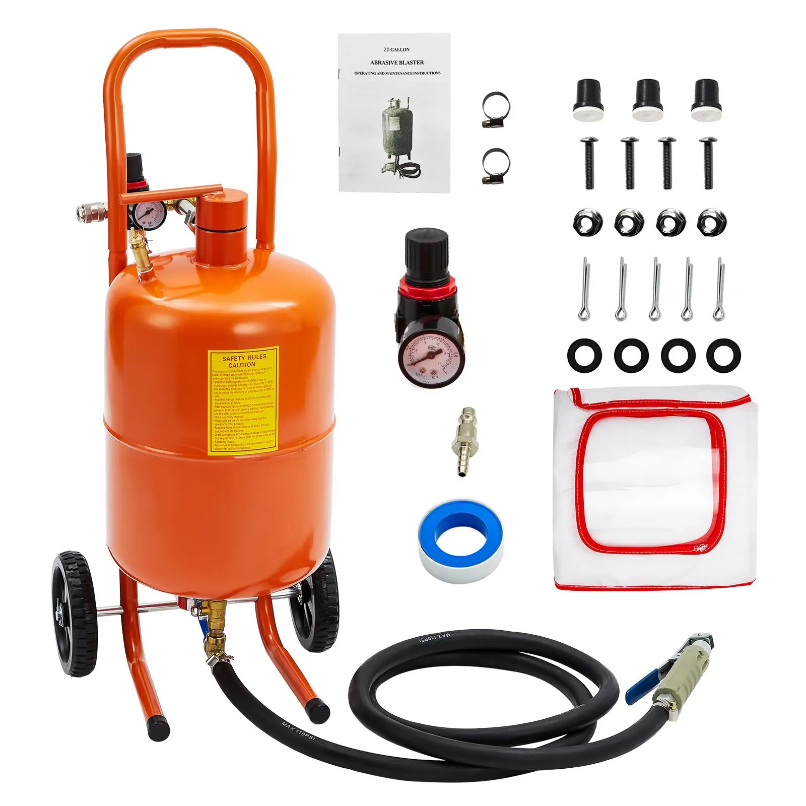 Portable Sandblaster Kit 5/10/20 Gallon Heavy Duty Abrasive Blaster, for Rust Paint Removal, Includes Ceramic Nozzles Mask Hose, Oil-Water Separator Pressure Gauge, for Auto Restoration Metal Cleaning
