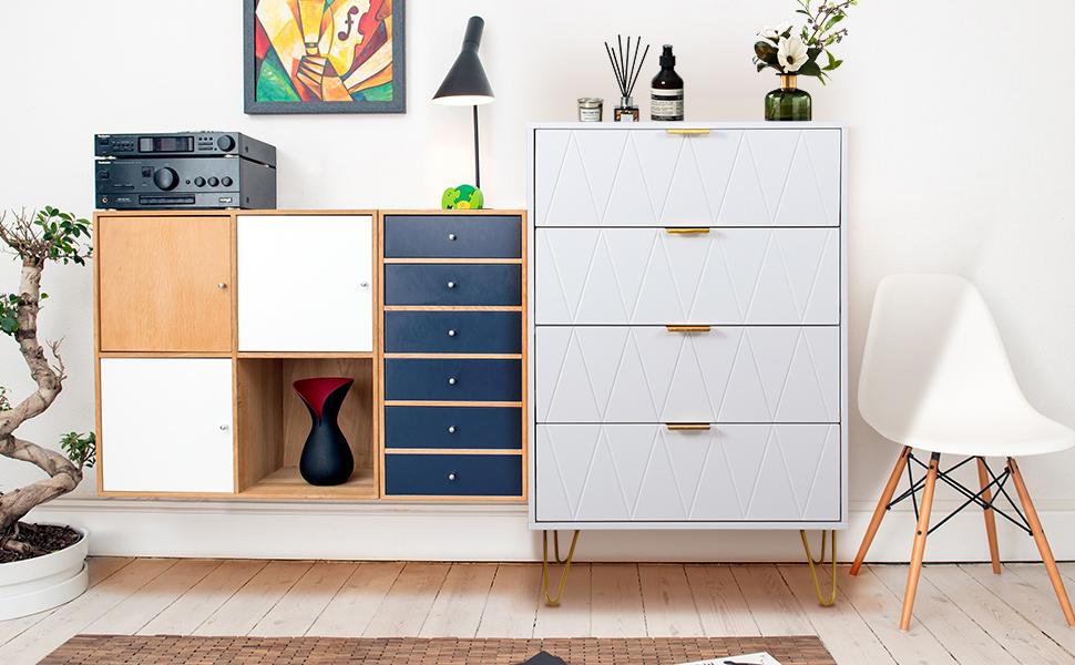 UEV 4 Drawer Dresser White with Gold Handles, Drawer Chest Tall Storage Dresser Cabinet Organizer Unit with Gold Metal Legs for Bedroom, Living Room