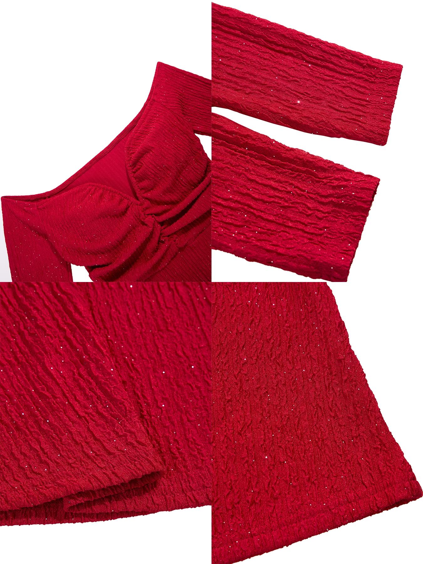 Aliling Christmas Dresses Women's Elegant Long Sleeve Ruffle Dress, Shoulder-Exposed Plain Design, Slim Fit Fall & Winter Fashion, Super Long A-Line Style