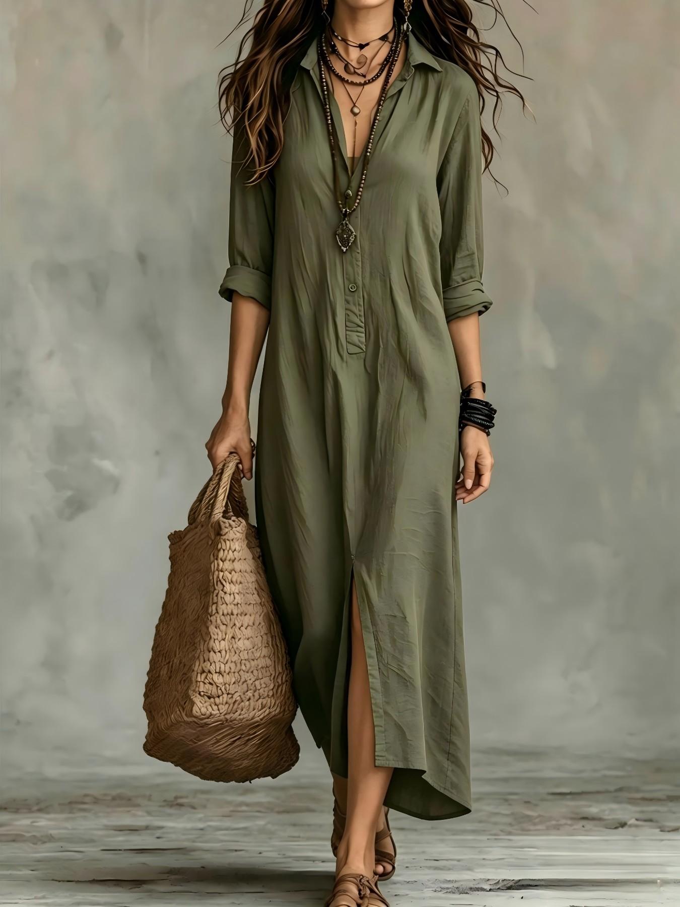 2026 Spring Summer Cross-Border Casual Solid Color Notched Lapel Front Split Long Dress, Trendy Women's Fashion, Comfortable & Stylish