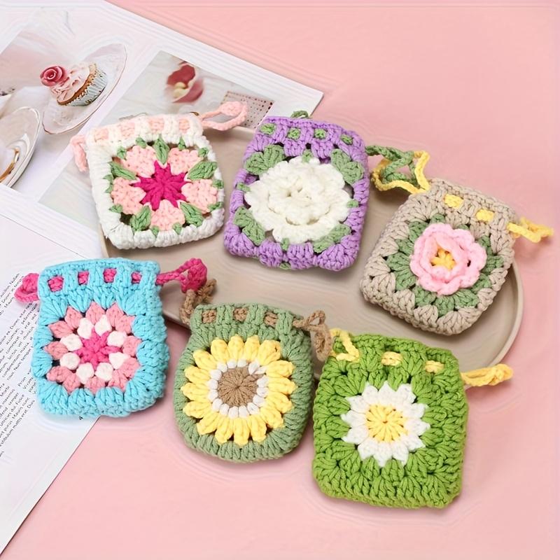 6PCS Cute Sunflower Crochet Drawstring Pouch for Students, Hand-Woven Mini Coin Purse, Earphone Protective Case & Storage Bag, Versatile Floral Knit Wallet for Daily Use