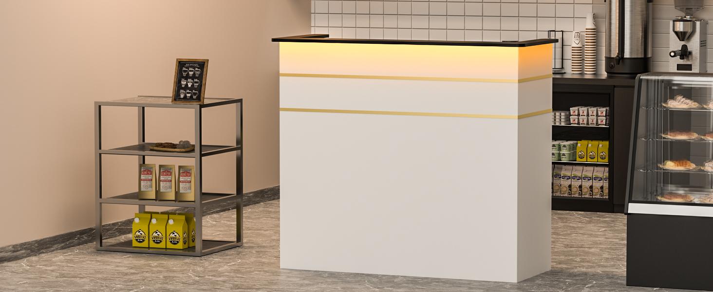 AHB Reception Desk with Counter, Modern Front Table Equipped Lockers & Storage Shelves, 50-inch Checkout Counter with LED Lights & DIY Stripe for Lobbies, Salons, Retail, Home Offices, Reception Room