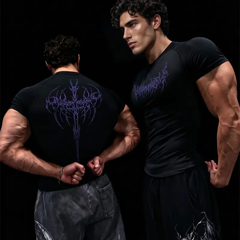 Men's Thorns Print Short Sleeve Compression Shirt, Gym Workout Running T-shirt Tees Tops, Summer Quick Drying Round Neck Tee Top, Gymwear Activewear Baselayers Undershirts, Sporty Fitness Shirt