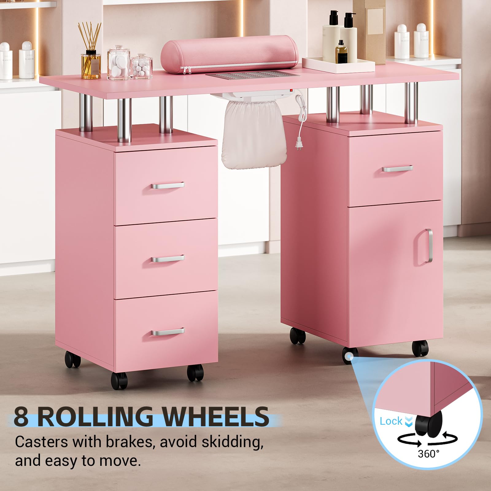 Beauty Salon Resistant with Drawers & Cabinet, Nail Desk Station for Nail Tech with Electric Downdraft Vent & Locking Castors & Wrist Cushion, Manicure Table Nail Desk for Spa Beauty Salon
